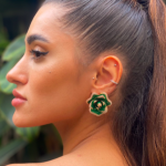 Brinco Flor Verde Esmeralda Com Dourado